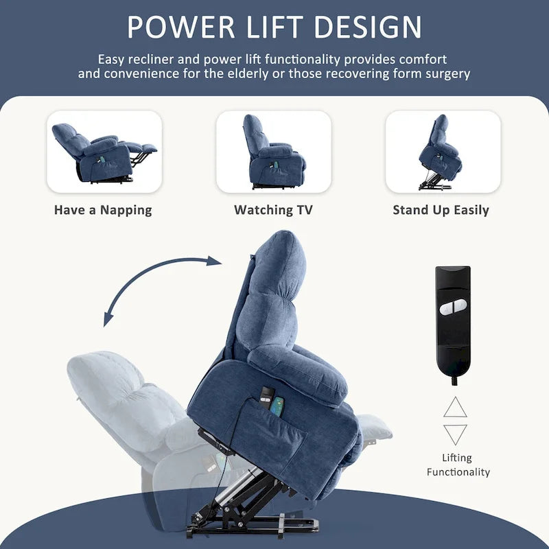 Fauteuil inclinable électrique bleu avec fonction chauffage, massage, port USB, rangement latéral et télécommande