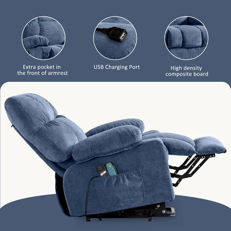 Fauteuil inclinable électrique bleu avec fonction chauffage, massage, port USB, rangement latéral et télécommande
