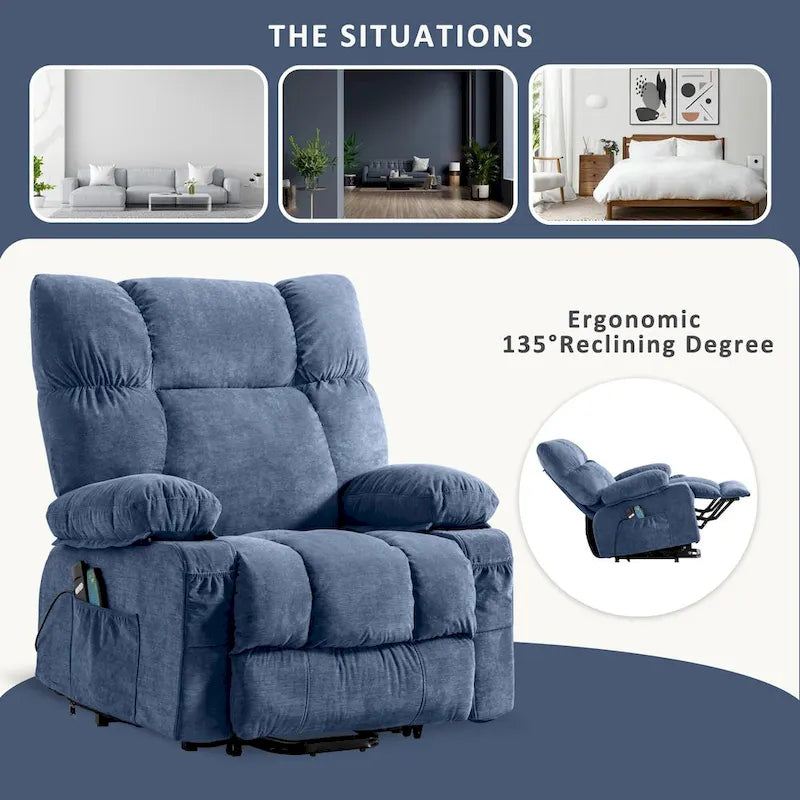 Fauteuil inclinable électrique bleu avec fonction chauffage, massage, port USB, rangement latéral et télécommande