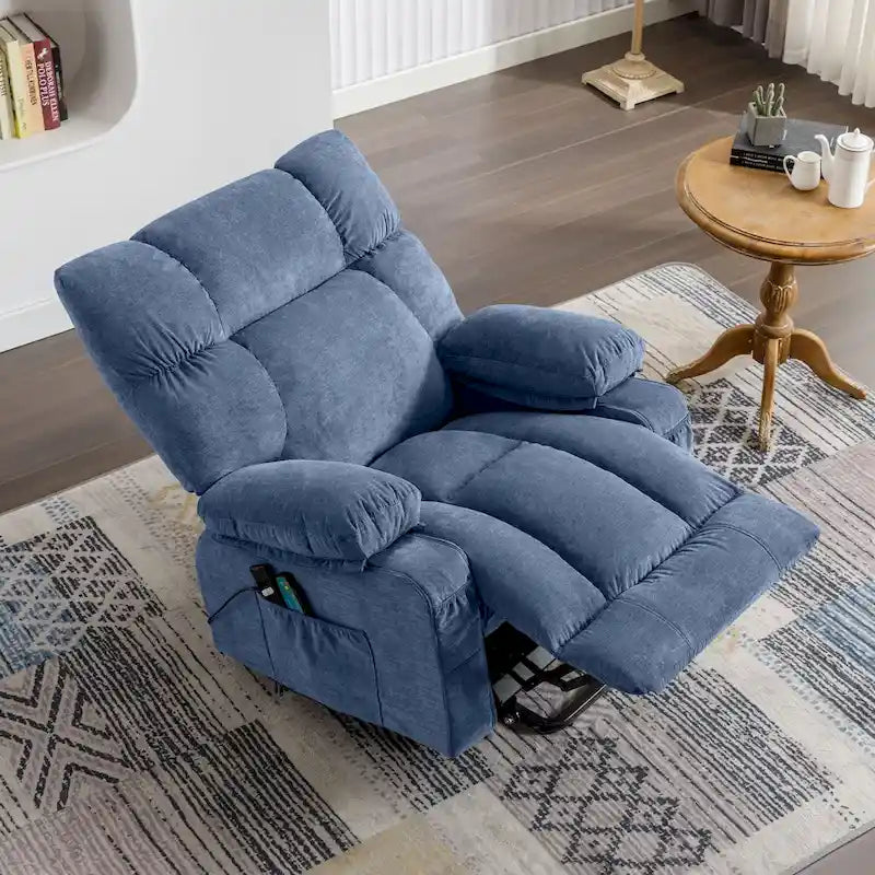 Fauteuil inclinable électrique bleu avec fonction chauffage, massage, port USB, rangement latéral et télécommande