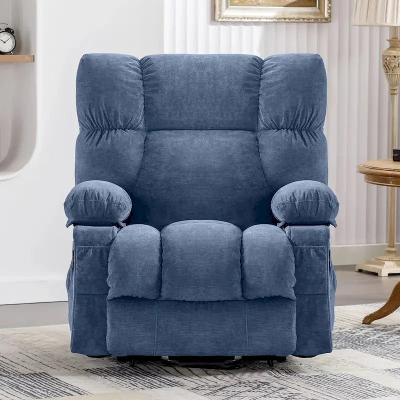 Fauteuil inclinable électrique bleu avec fonction chauffage, massage, port USB, rangement latéral et télécommande