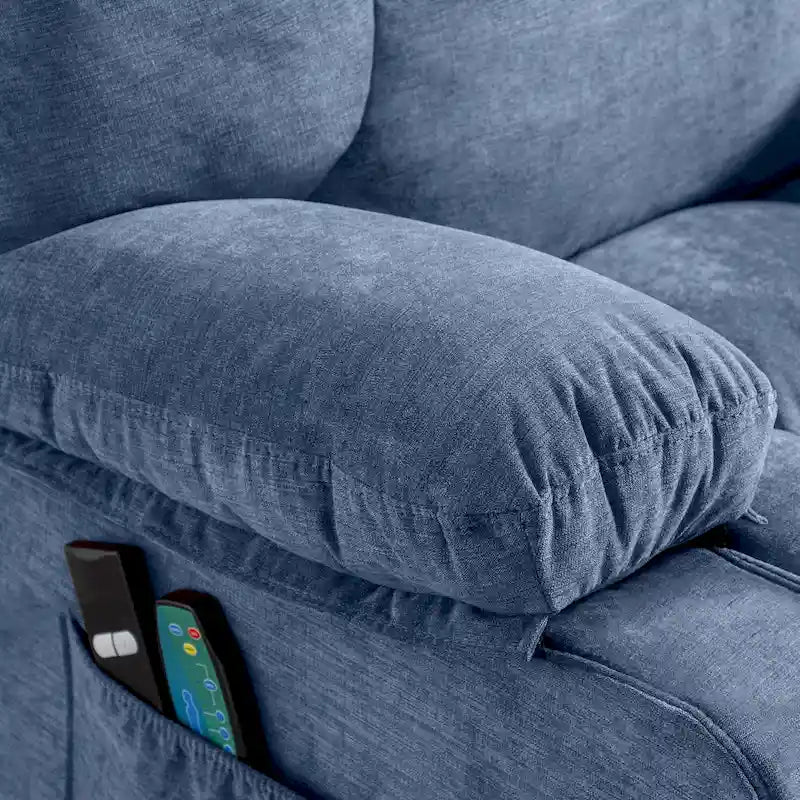Fauteuil inclinable électrique bleu avec fonction chauffage, massage, port USB, rangement latéral et télécommande