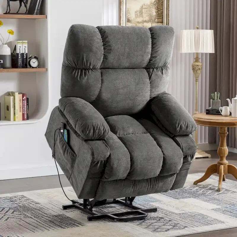 Fauteuil inclinable électrique bleu avec fonction chauffage, massage, port USB, rangement latéral et télécommande
