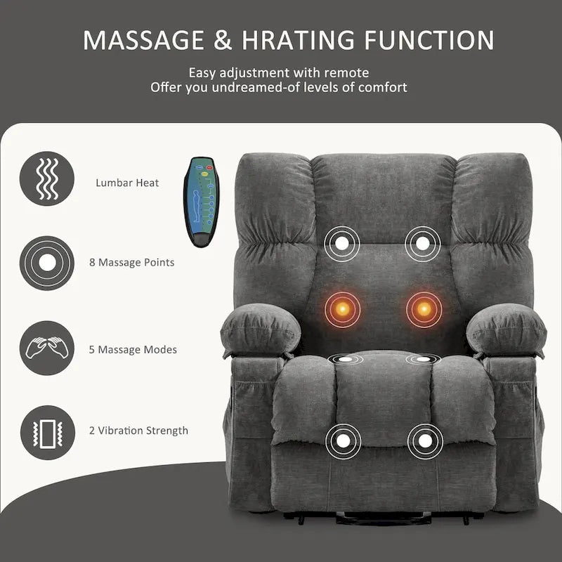 Fauteuil inclinable électrique bleu avec fonction chauffage, massage, port USB, rangement latéral et télécommande