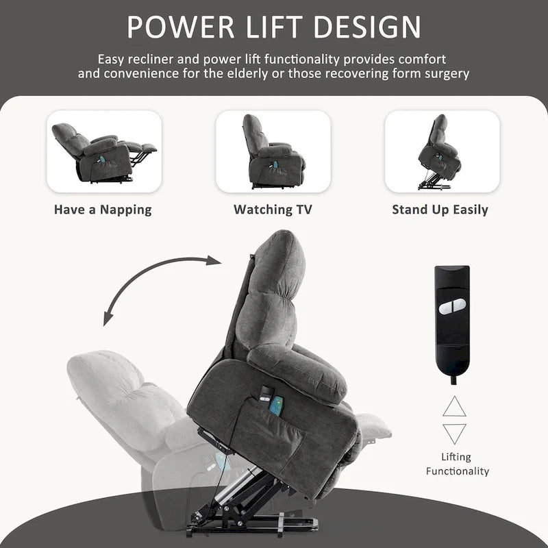 Fauteuil inclinable électrique bleu avec fonction chauffage, massage, port USB, rangement latéral et télécommande