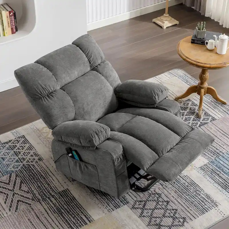 Fauteuil inclinable électrique bleu avec fonction chauffage, massage, port USB, rangement latéral et télécommande