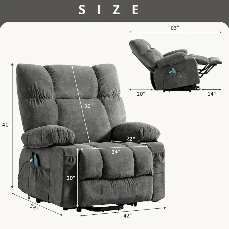 Fauteuil inclinable électrique bleu avec fonction chauffage, massage, port USB, rangement latéral et télécommande