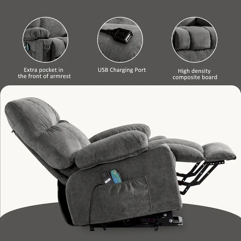 Fauteuil inclinable électrique bleu avec fonction chauffage, massage, port USB, rangement latéral et télécommande