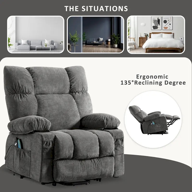 Fauteuil inclinable électrique bleu avec fonction chauffage, massage, port USB, rangement latéral et télécommande