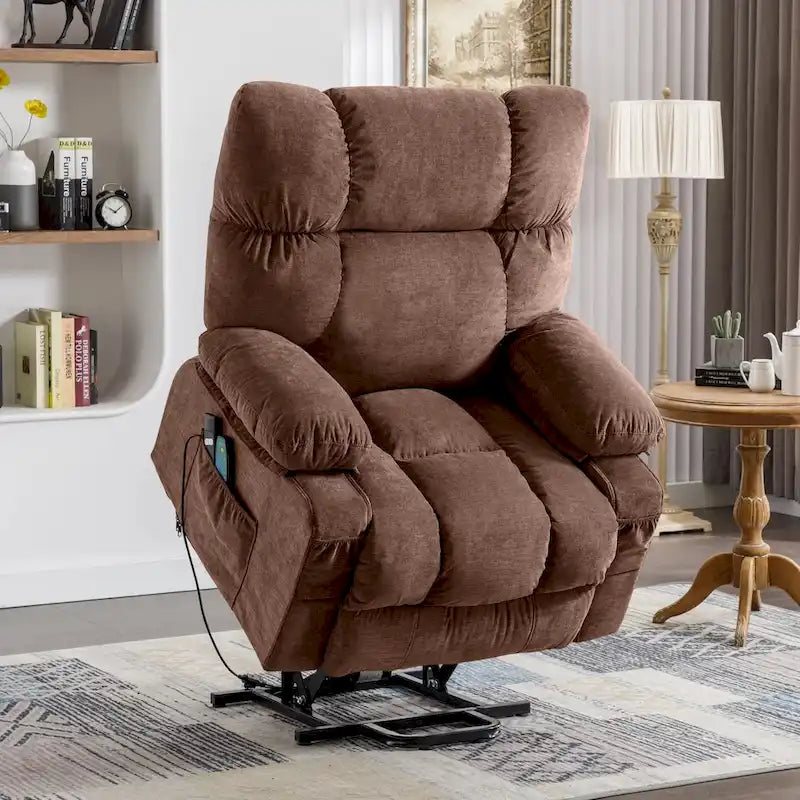 Fauteuil inclinable électrique bleu avec fonction chauffage, massage, port USB, rangement latéral et télécommande