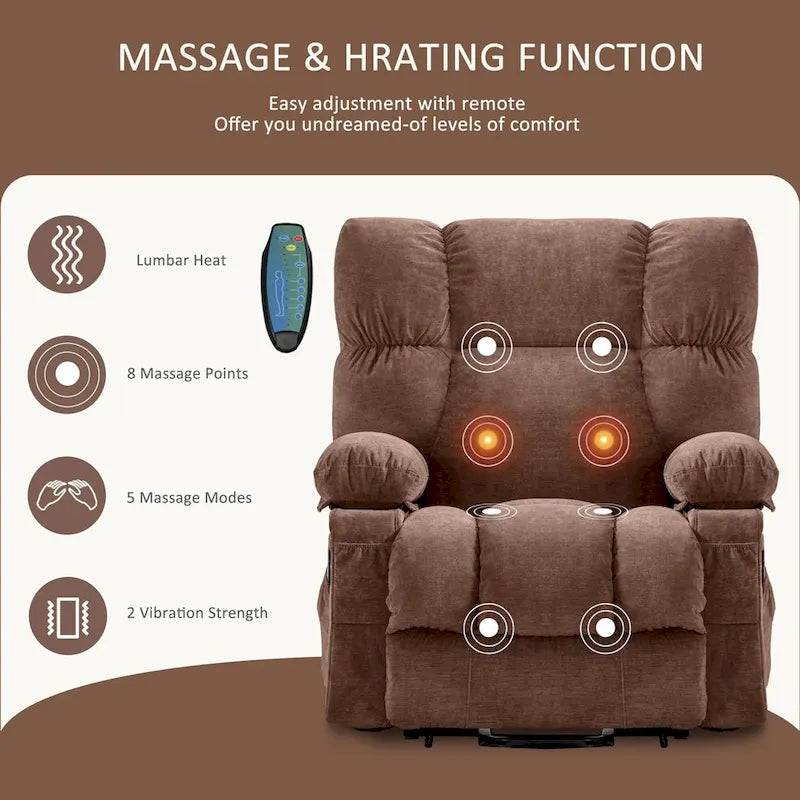 Fauteuil inclinable électrique bleu avec fonction chauffage, massage, port USB, rangement latéral et télécommande