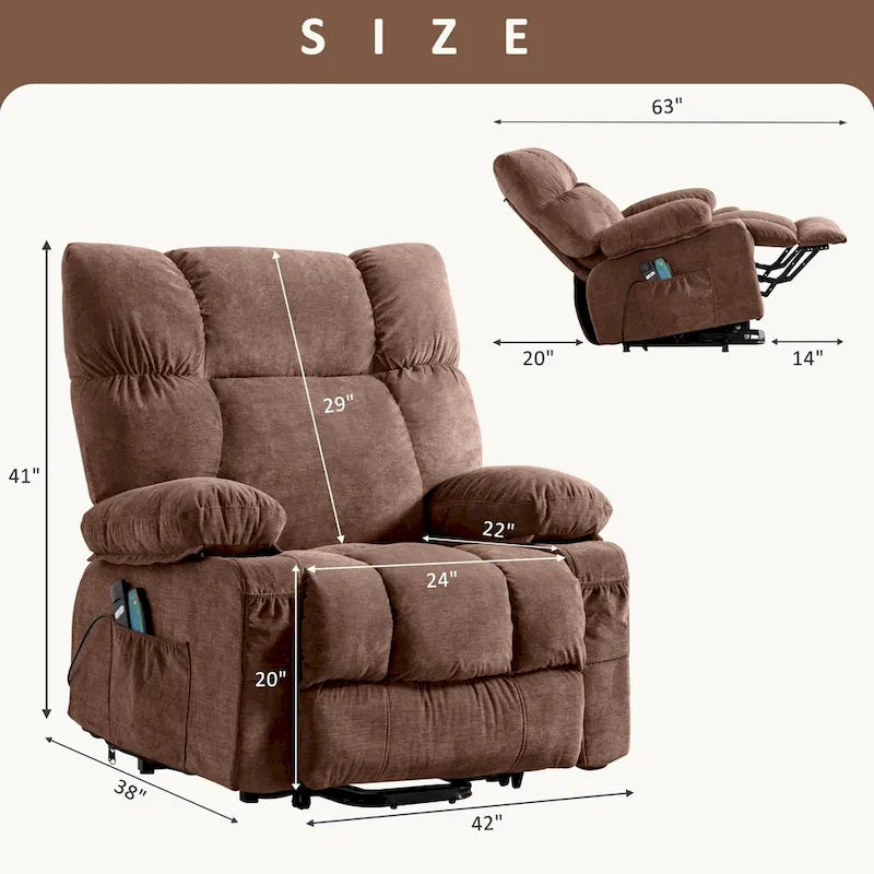 Fauteuil inclinable électrique bleu avec fonction chauffage, massage, port USB, rangement latéral et télécommande