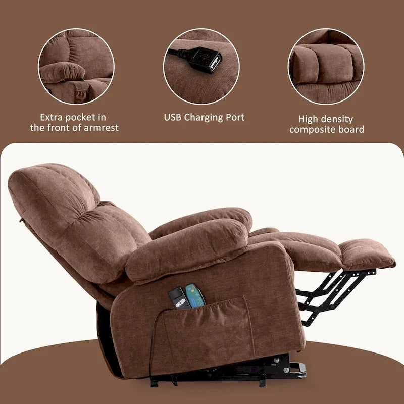 Fauteuil inclinable électrique bleu avec fonction chauffage, massage, port USB, rangement latéral et télécommande