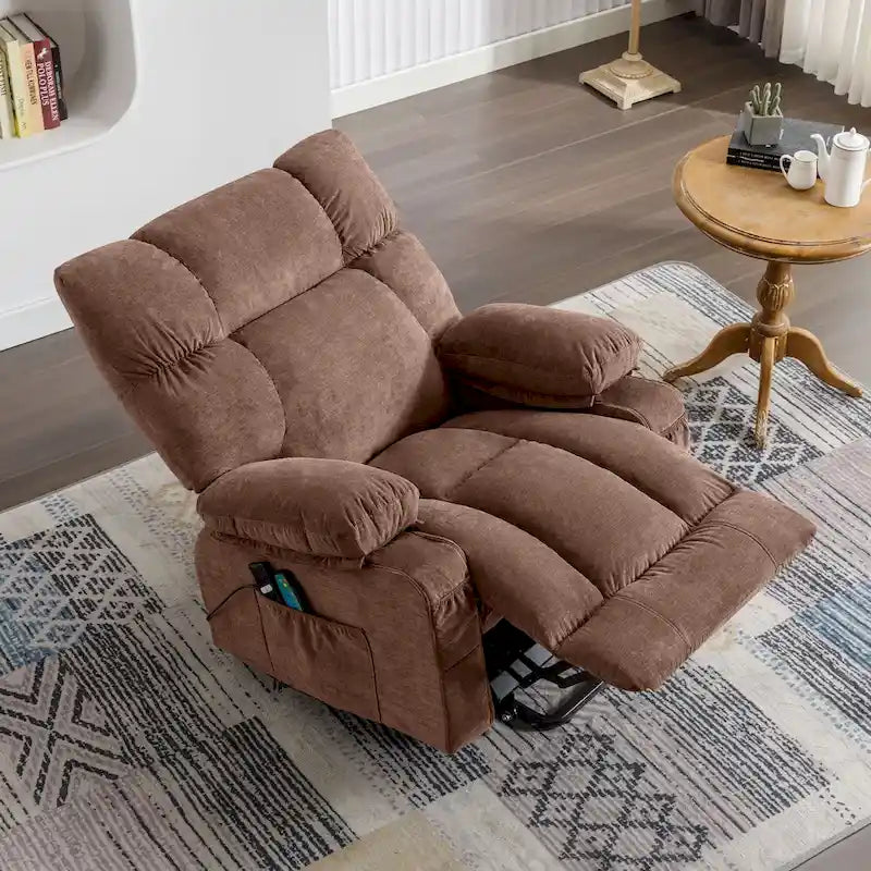 Fauteuil inclinable électrique bleu avec fonction chauffage, massage, port USB, rangement latéral et télécommande