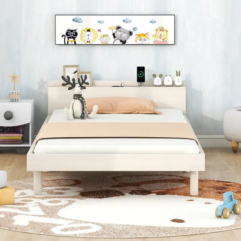 White Washed Twin Platform Bed with Built-in USB Port