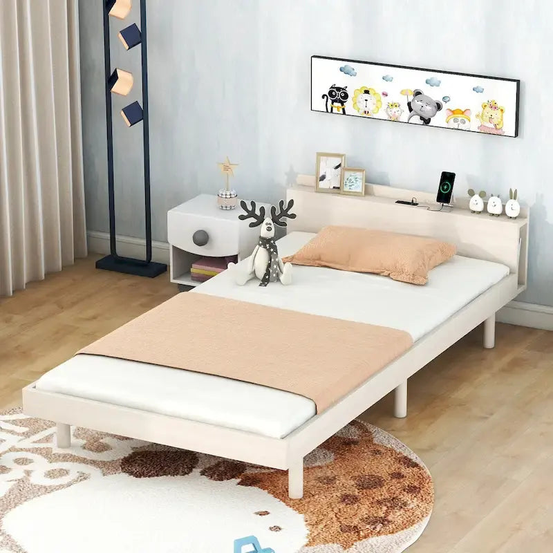 Lit plateforme double blanchi avec port USB intégré