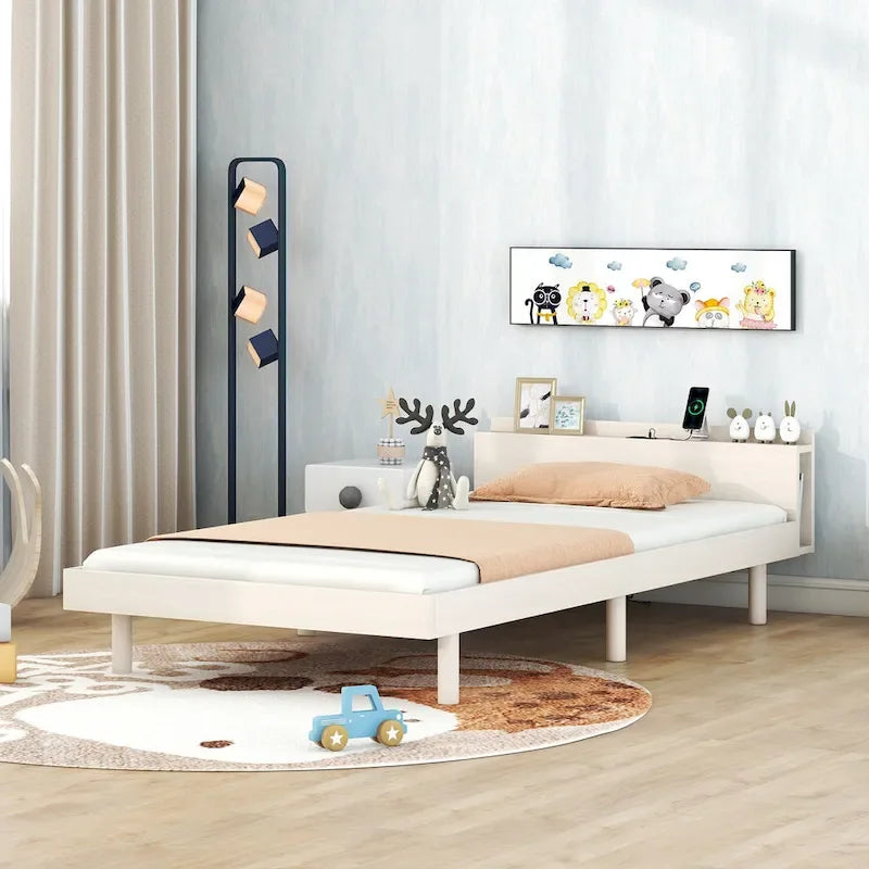 Lit plateforme double blanchi avec port USB intégré
