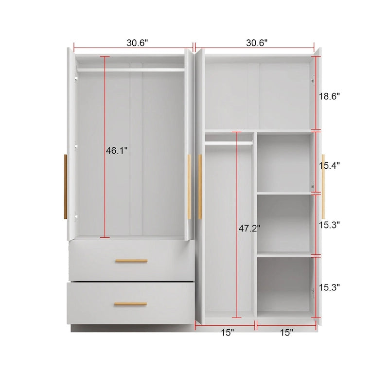 Armoire penderie autoportante de 63 pouces de large avec tiroirs