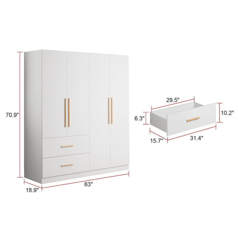 Armoire penderie autoportante de 63 pouces de large avec tiroirs