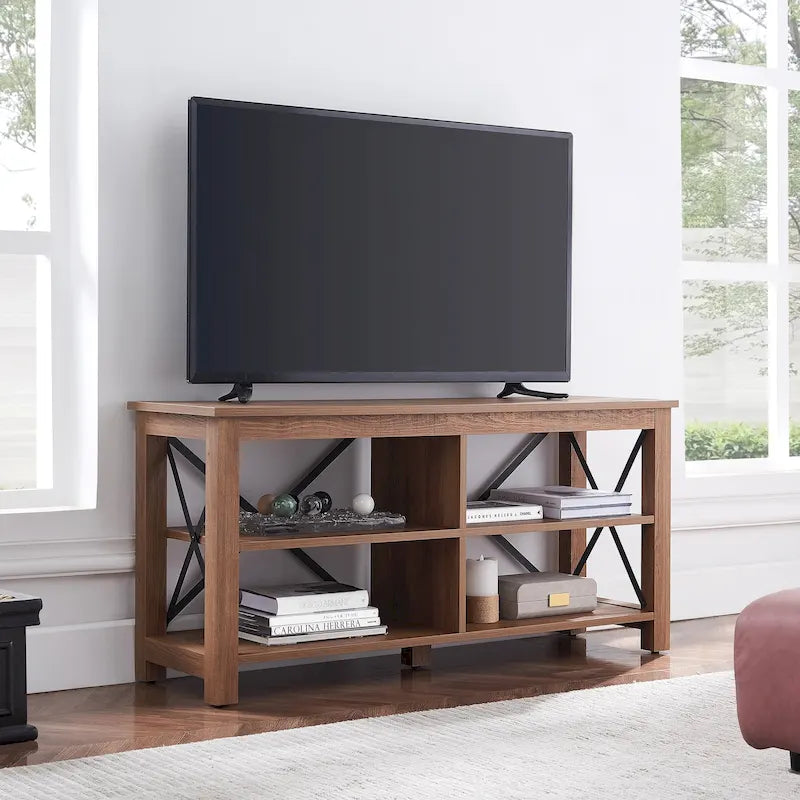 Meuble TV de 50 po avec accents métalliques en X de style campagnard et étagères de rangement