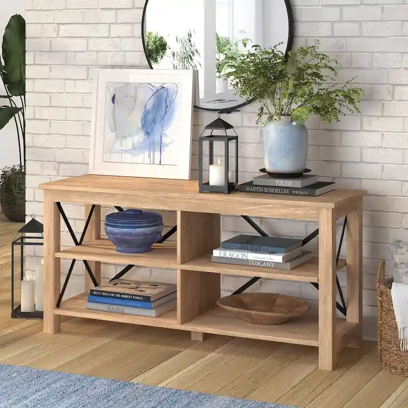 Meuble TV de 50 po avec accents métalliques en X de style campagnard et étagères de rangement