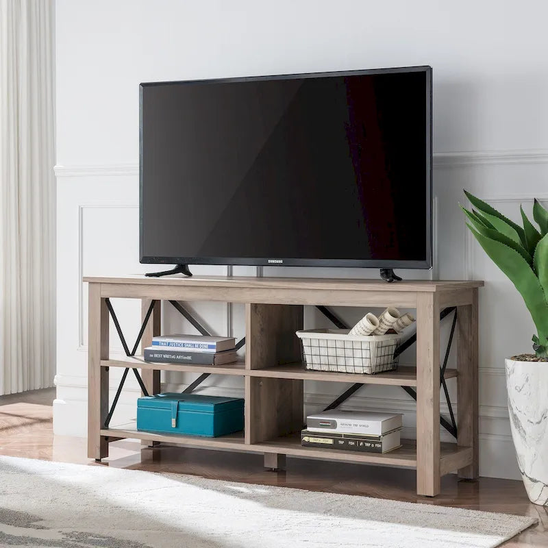 Meuble TV de 50 po avec accents métalliques en X de style campagnard et étagères de rangement