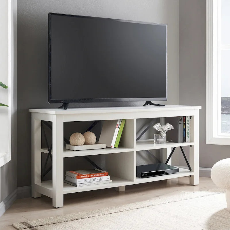 Meuble TV de 50 po avec accents métalliques en X de style campagnard et étagères de rangement