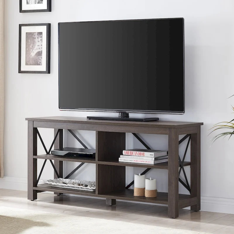 Meuble TV de 50 po avec accents métalliques en X de style campagnard et étagères de rangement