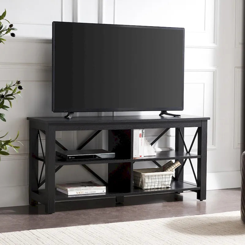 Meuble TV de 50 po avec accents métalliques en X de style campagnard et étagères de rangement