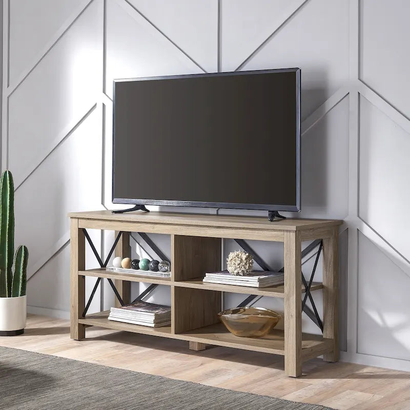 Meuble TV de 50 po avec accents métalliques en X de style campagnard et étagères de rangement