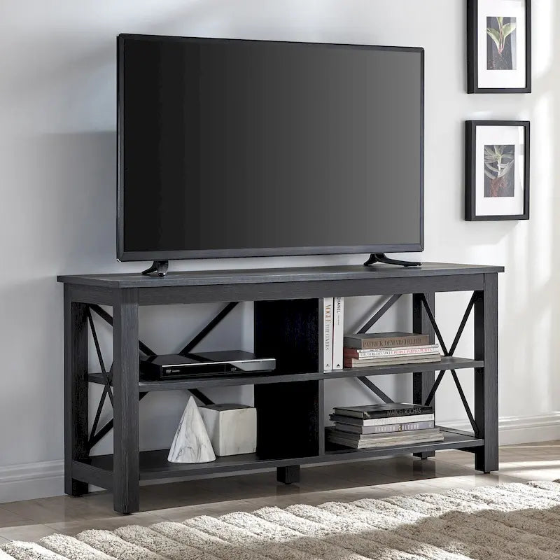 Meuble TV de 50 po avec accents métalliques en X de style campagnard et étagères de rangement