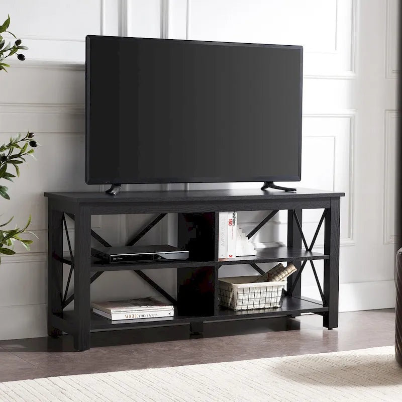 Meuble TV de 50 po avec accents métalliques en X de style campagnard et étagères de rangement