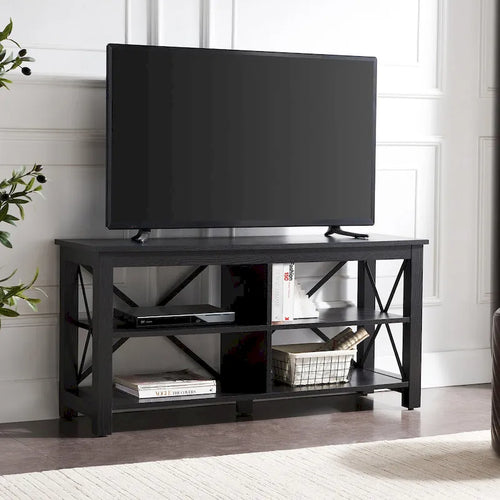 Meuble TV de 50 po avec accents métalliques en X de style campagnard et étagères de rangement