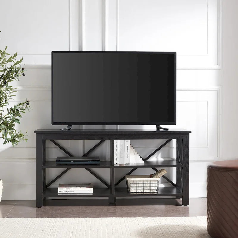 Meuble TV de 50 po avec accents métalliques en X de style campagnard et étagères de rangement