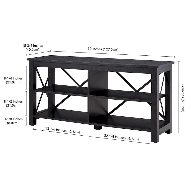 Meuble TV de 50 po avec accents métalliques en X de style campagnard et étagères de rangement