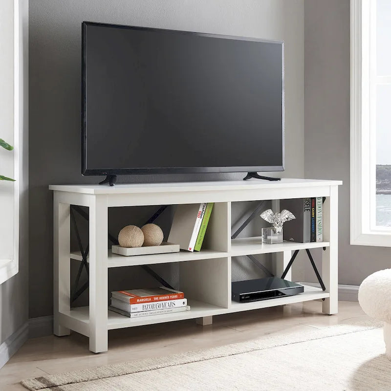 Meuble TV de 50 po avec accents métalliques en X de style campagnard et étagères de rangement