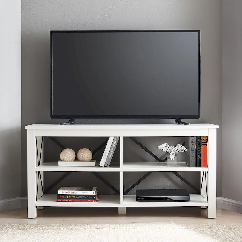 Meuble TV de 50 po avec accents métalliques en X de style campagnard et étagères de rangement