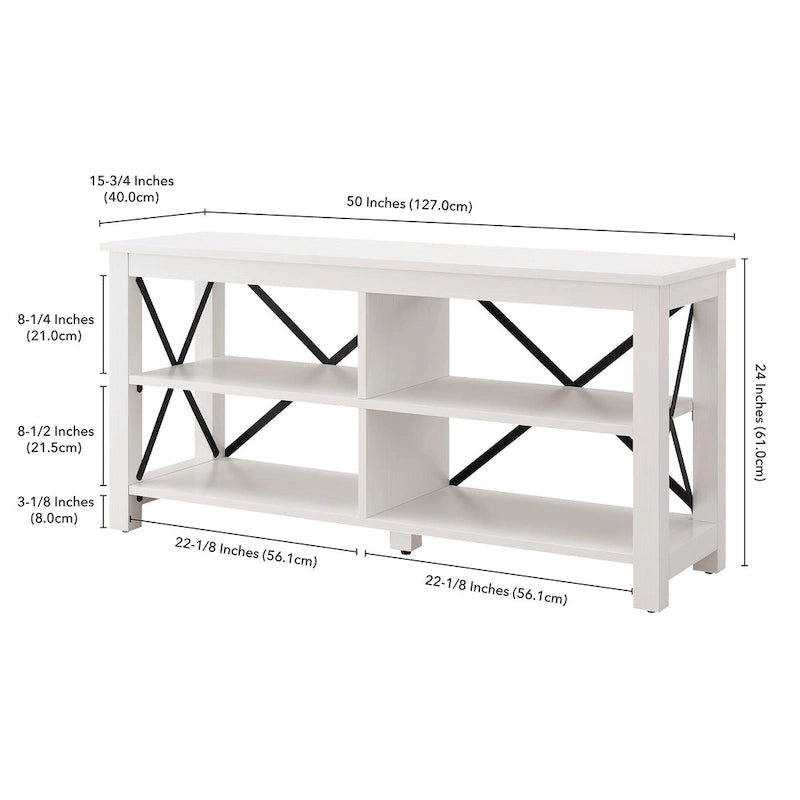 Meuble TV de 50 po avec accents métalliques en X de style campagnard et étagères de rangement