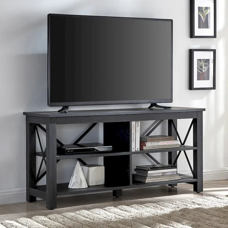Meuble TV de 50 po avec accents métalliques en X de style campagnard et étagères de rangement