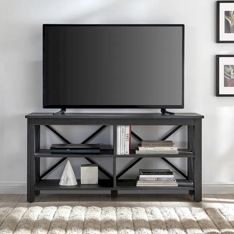 Meuble TV de 50 po avec accents métalliques en X de style campagnard et étagères de rangement
