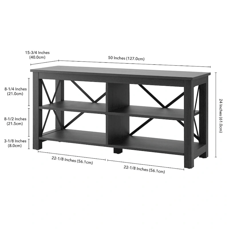 Meuble TV de 50 po avec accents métalliques en X de style campagnard et étagères de rangement