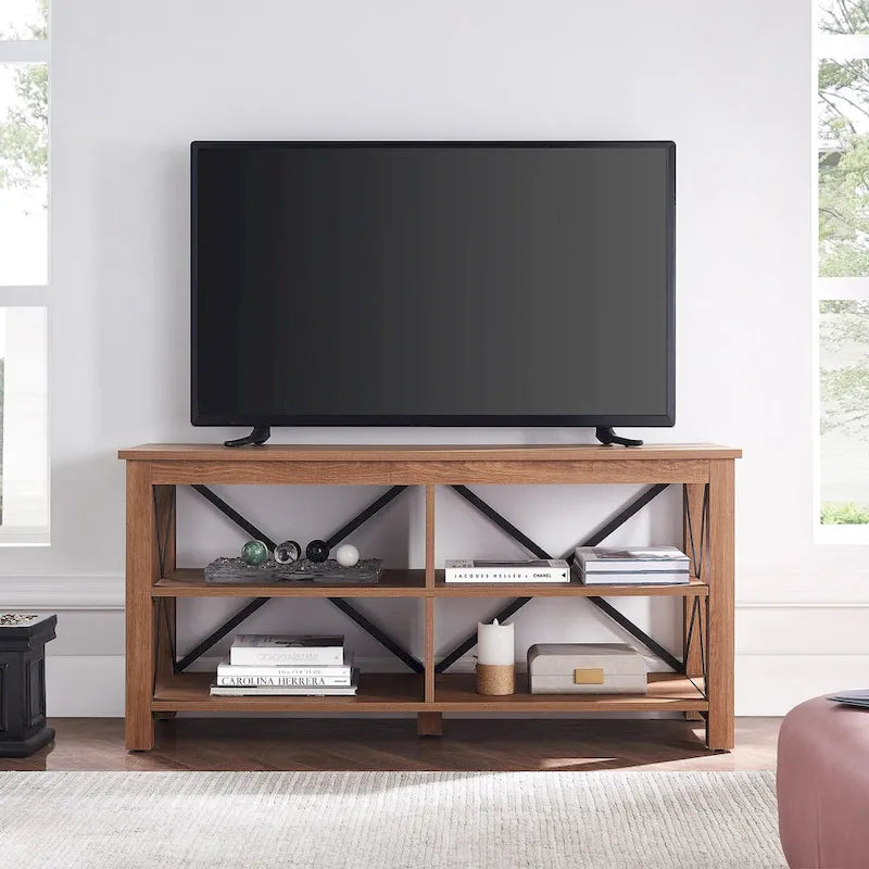 Meuble TV de 50 po avec accents métalliques en X de style campagnard et étagères de rangement