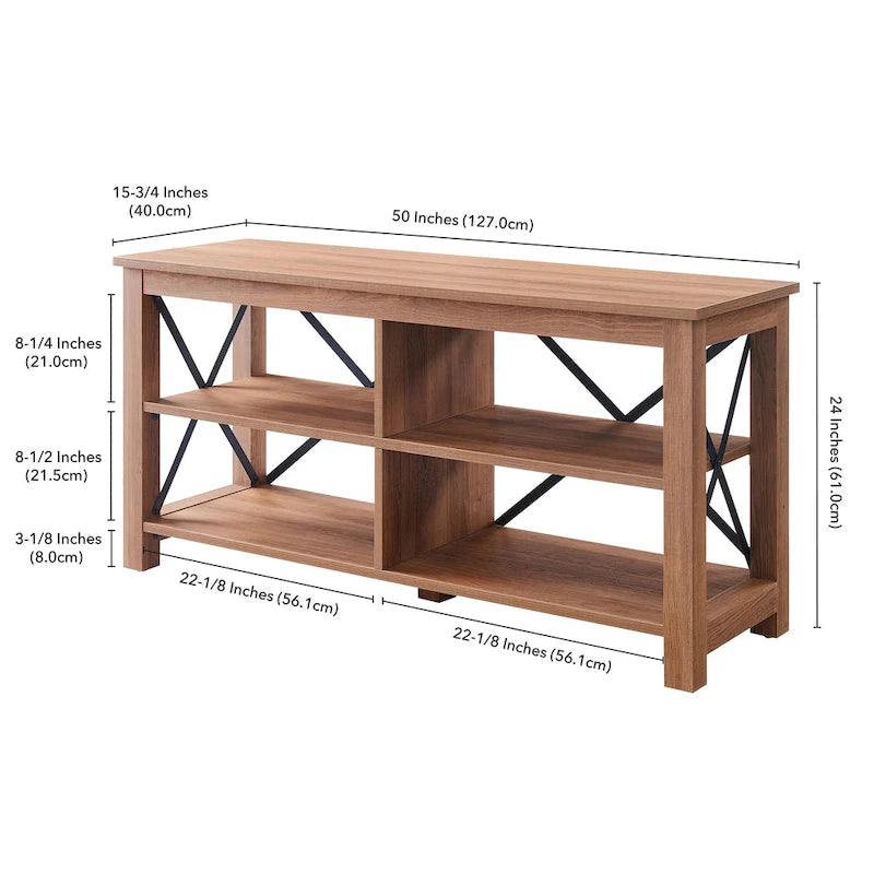 Meuble TV de 50 po avec accents métalliques en X de style campagnard et étagères de rangement