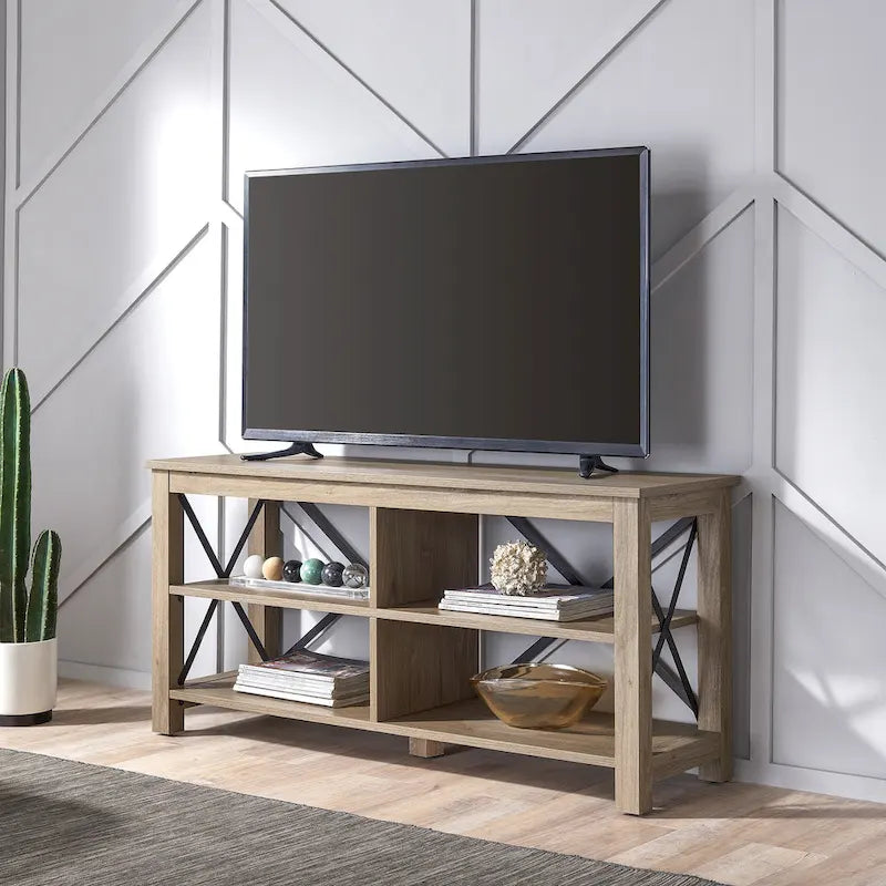 Meuble TV de 50 po avec accents métalliques en X de style campagnard et étagères de rangement