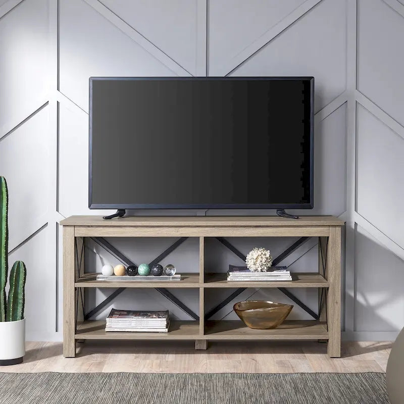 Meuble TV de 50 po avec accents métalliques en X de style campagnard et étagères de rangement