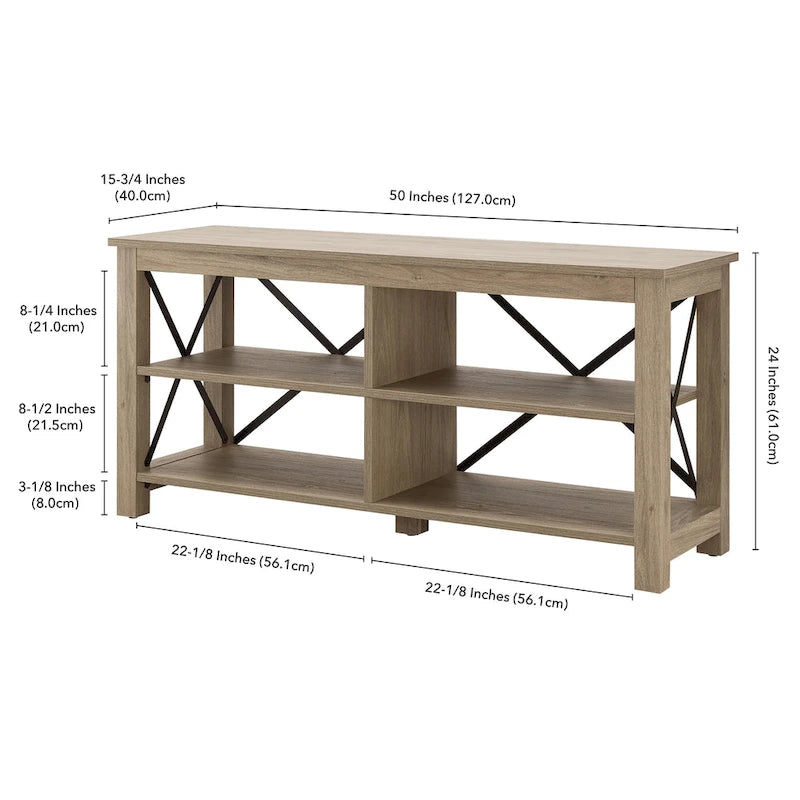 Meuble TV de 50 po avec accents métalliques en X de style campagnard et étagères de rangement