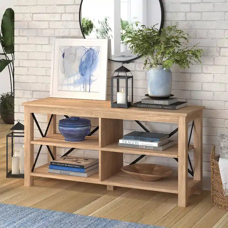 Meuble TV de 50 po avec accents métalliques en X de style campagnard et étagères de rangement