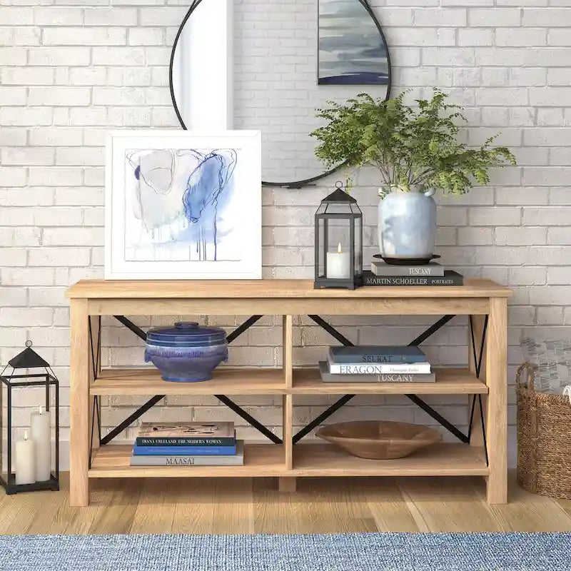 Meuble TV de 50 po avec accents métalliques en X de style campagnard et étagères de rangement
