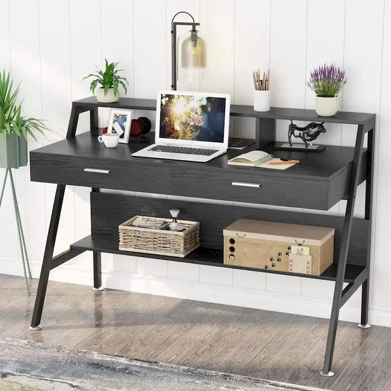 Bureau d'ordinateur avec 2 tiroirs et étagères de rangement, bureau d'ordinateur avec support d'écran