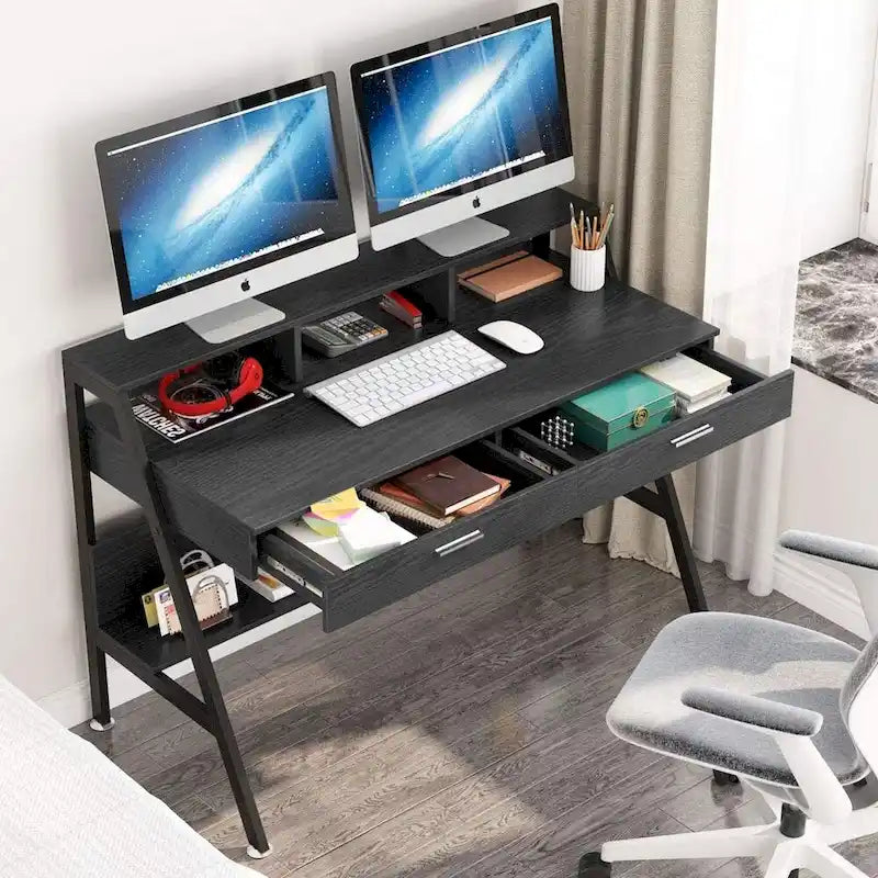 Bureau d'ordinateur avec 2 tiroirs et étagères de rangement, bureau d'ordinateur avec support d'écran